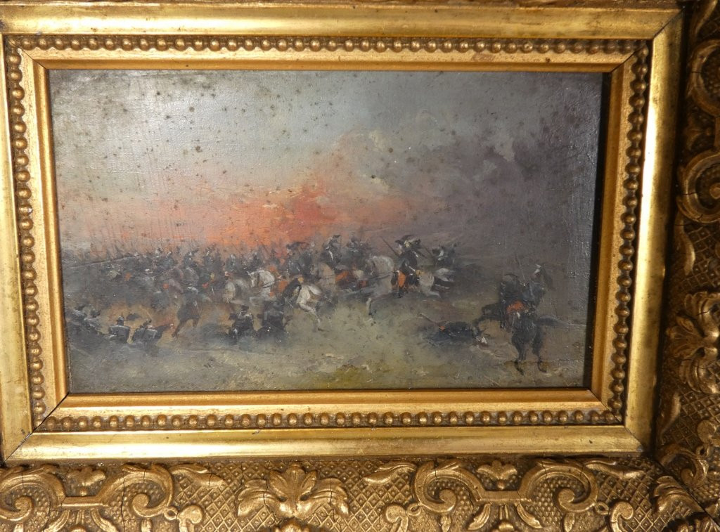 Pair Of Small Paintings Of Military Scenes, Cavalry Charges, Late 19th Century-photo-2