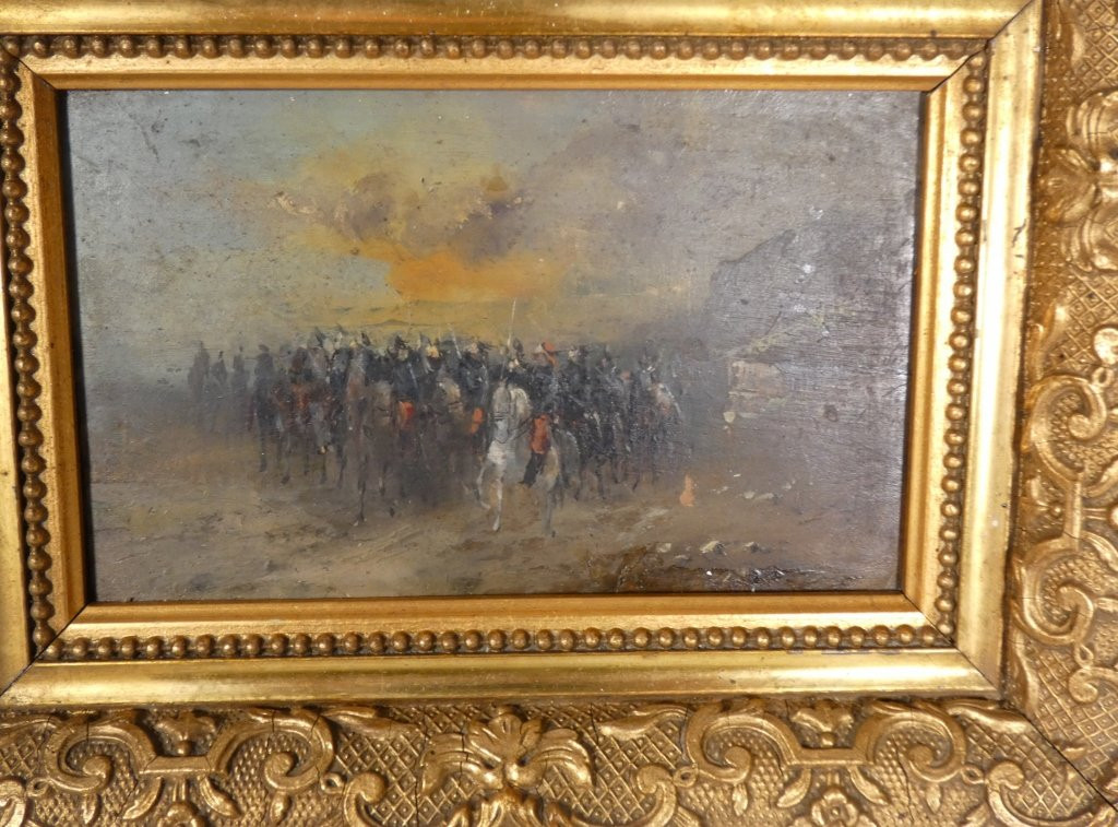 Pair Of Small Paintings Of Military Scenes, Cavalry Charges, Late 19th Century-photo-3