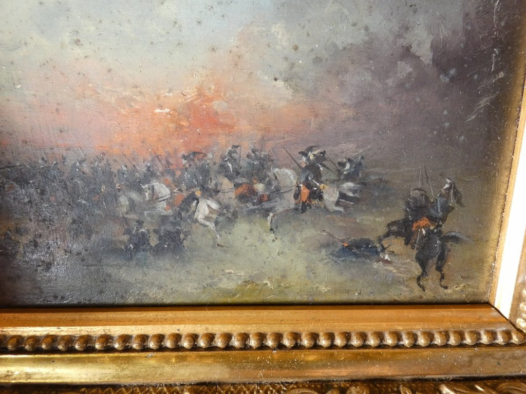 Pair Of Small Paintings Of Military Scenes, Cavalry Charges, Late 19th Century-photo-1