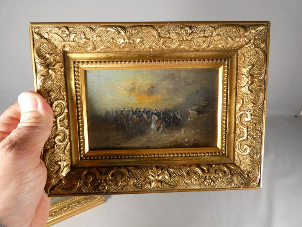 Pair Of Small Paintings Of Military Scenes, Cavalry Charges, Late 19th Century-photo-5