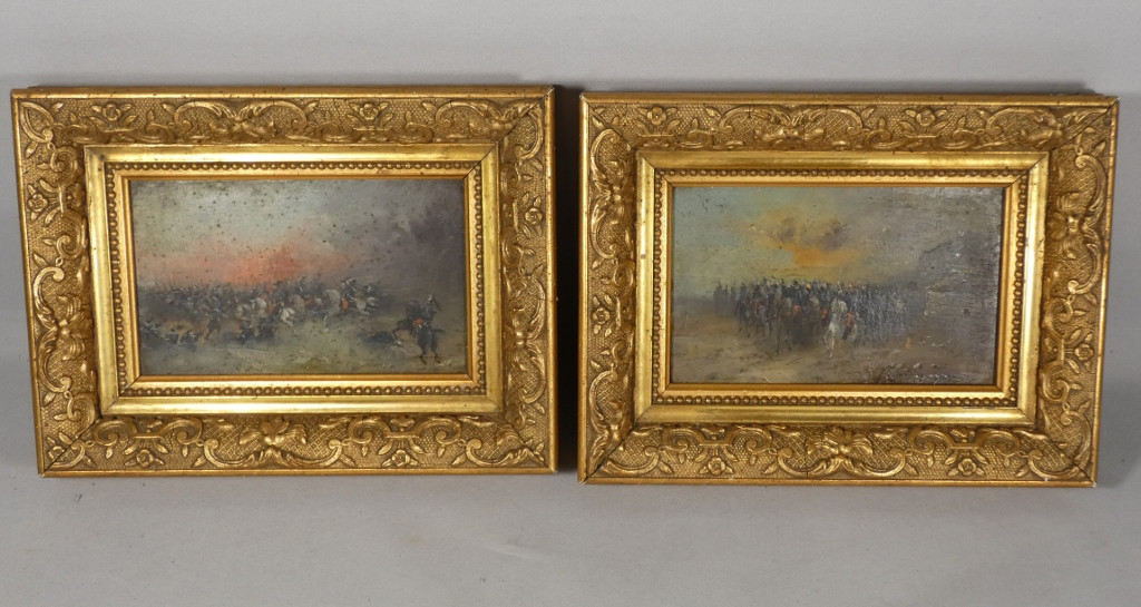 Pair Of Small Paintings Of Military Scenes, Cavalry Charges, Late 19th Century