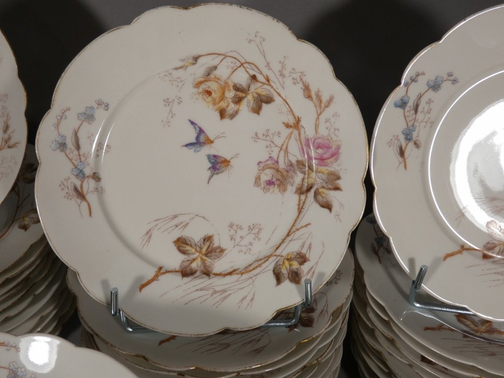 Flowers And Butterflies, Limoges Porcelain Dinner Service For 12, Londé, 19th Century-photo-4