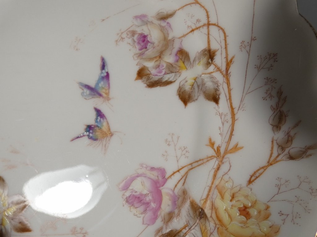 Flowers And Butterflies, Limoges Porcelain Dinner Service For 12, Londé, 19th Century-photo-4