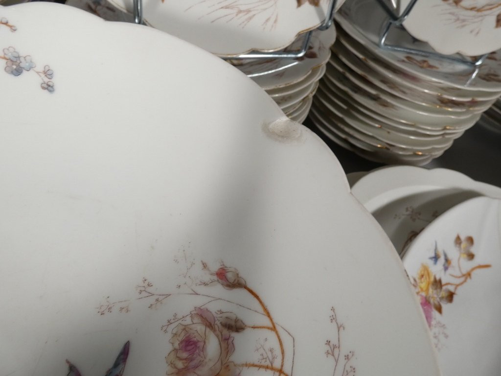 Flowers And Butterflies, Limoges Porcelain Dinner Service For 12, Londé, 19th Century-photo-6