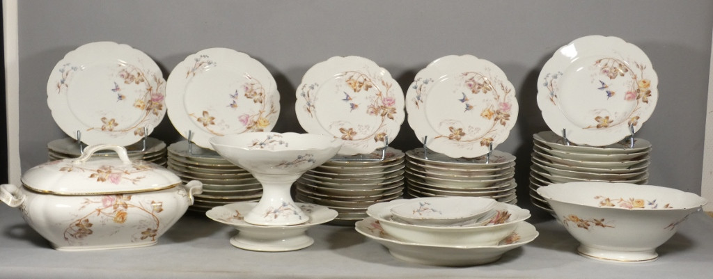 Flowers And Butterflies, Limoges Porcelain Dinner Service For 12, Londé, 19th Century