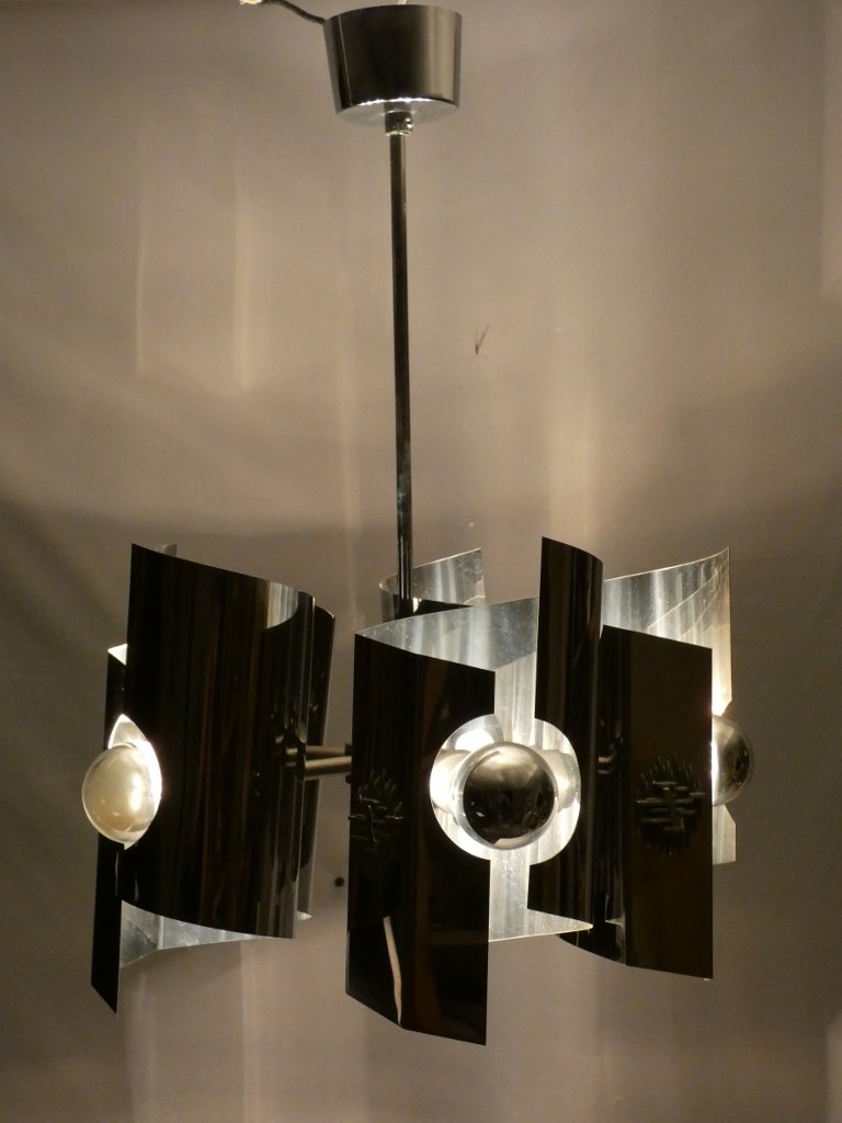 Space Age, Italian Chandelier From The 70s In Chromed Metal, Tappital Snc Alessandria-photo-2