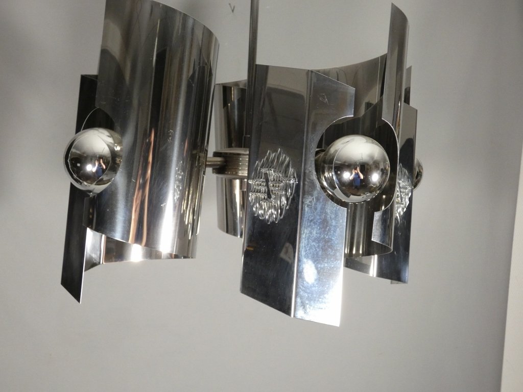 Space Age, Italian Chandelier From The 70s In Chromed Metal, Tappital Snc Alessandria-photo-3