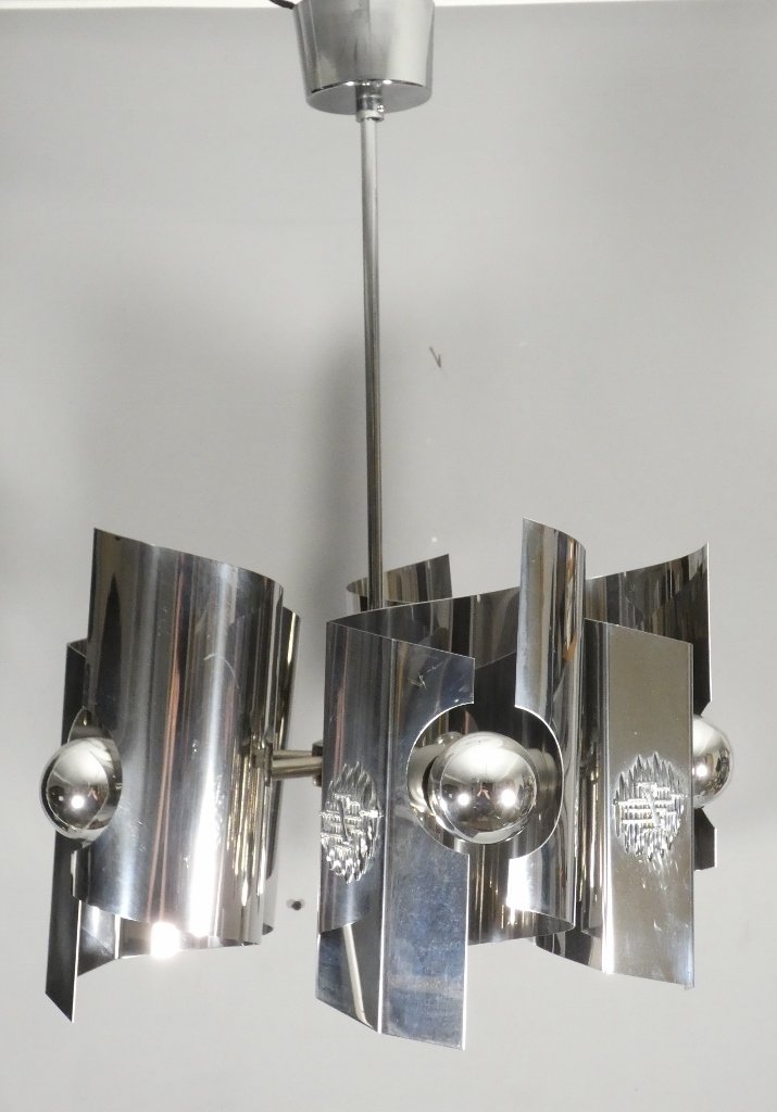 Space Age, Italian Chandelier From The 70s In Chromed Metal, Tappital Snc Alessandria
