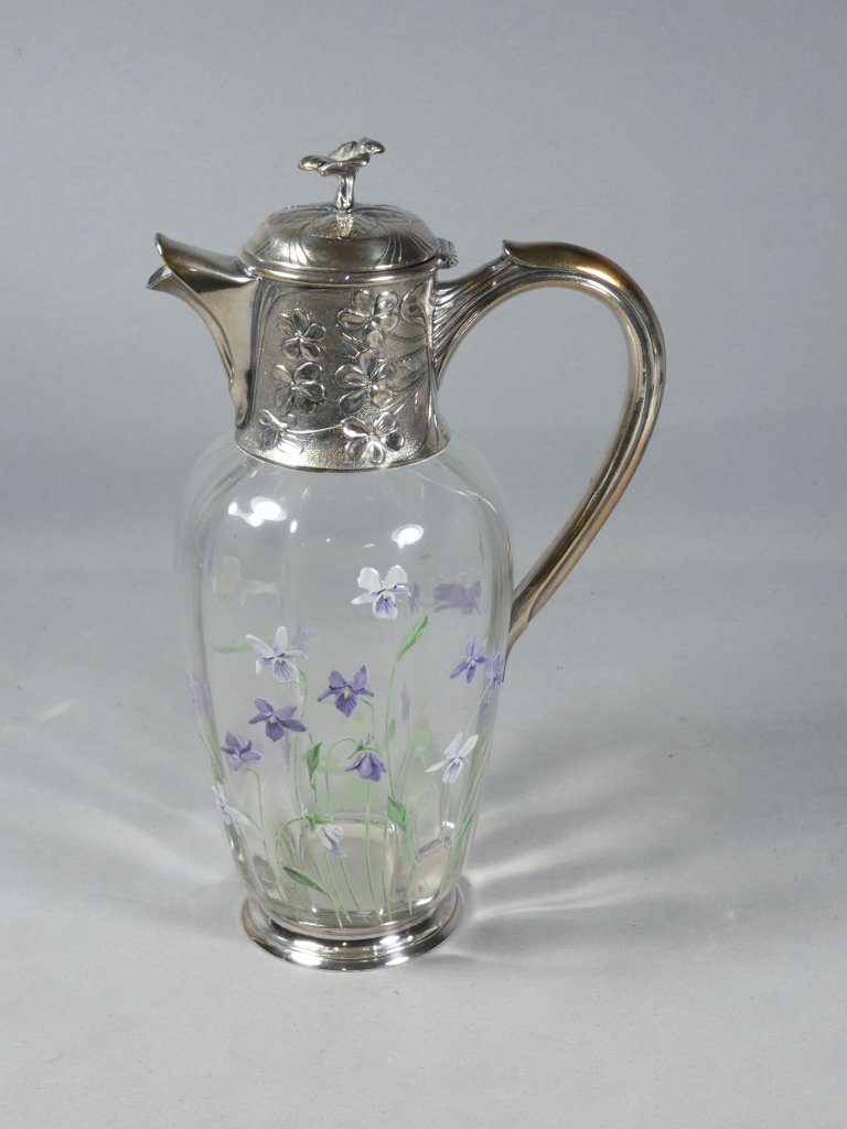 Christofle Gallia, aiguière métal argenté et verre émaillé aux violettes, époque début XX ème-photo-2