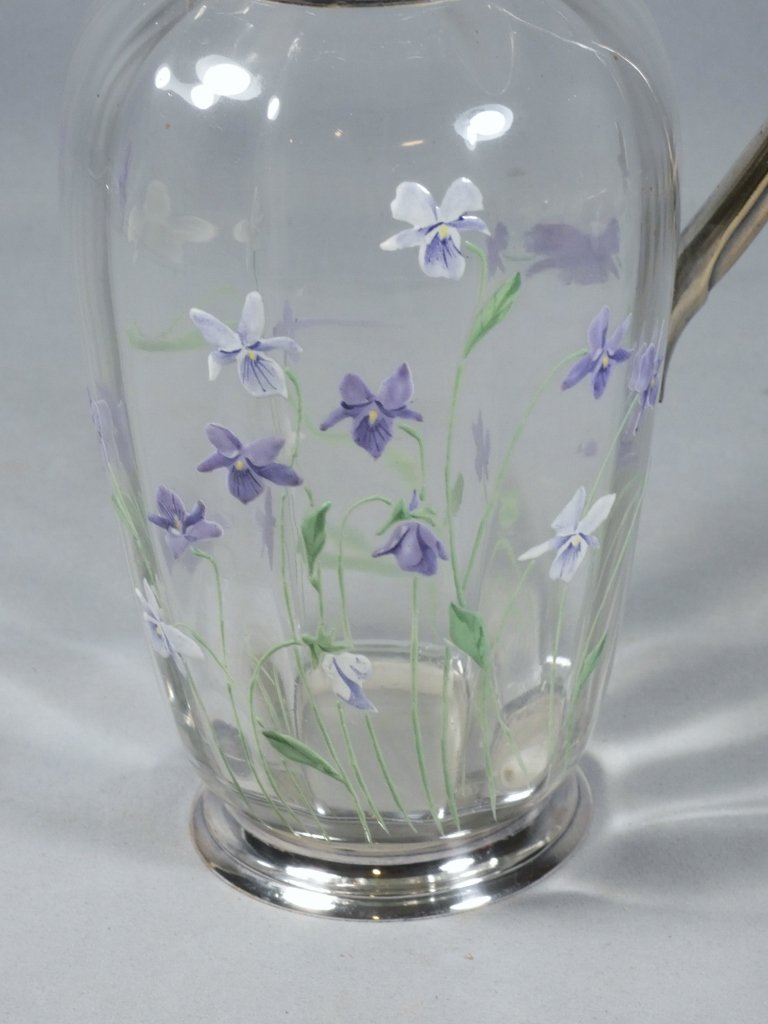 Christofle Gallia, aiguière métal argenté et verre émaillé aux violettes, époque début XX ème-photo-3