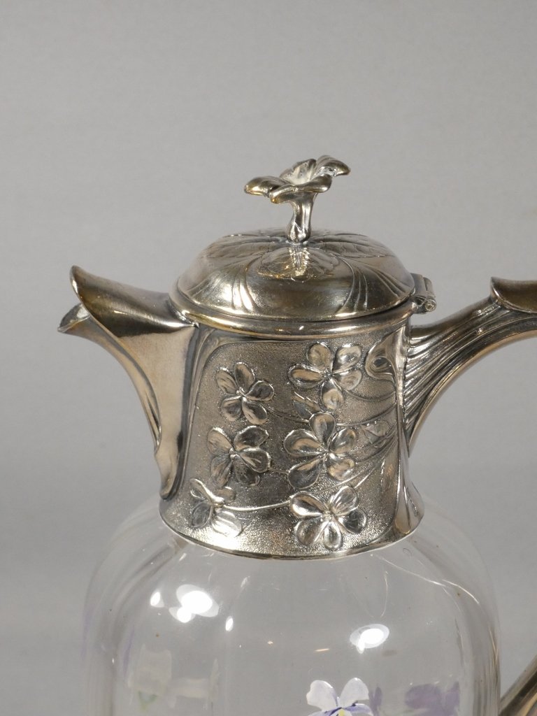 Christofle Gallia, aiguière métal argenté et verre émaillé aux violettes, époque début XX ème-photo-4