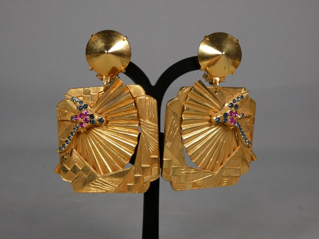Clips d'oreilles vintage 1980, éventail aux oiseaux d'inspiration Art Déco-photo-2