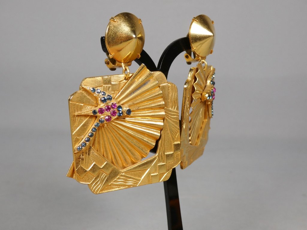 Clips d'oreilles vintage 1980, éventail aux oiseaux d'inspiration Art Déco-photo-3