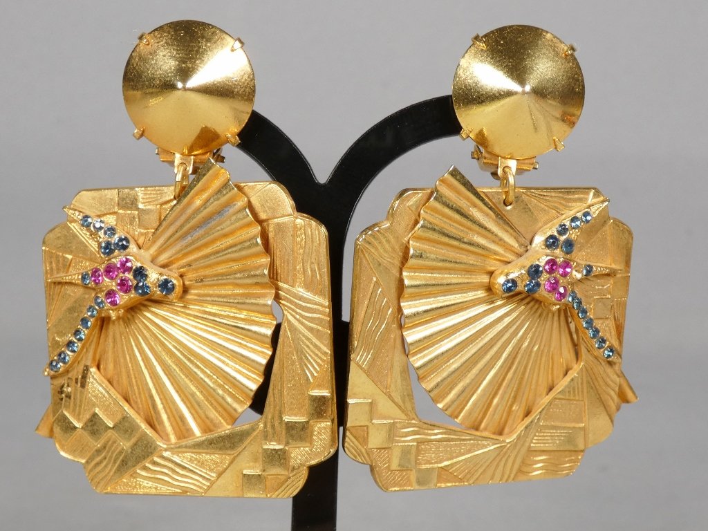 Clips d'oreilles vintage 1980, éventail aux oiseaux d'inspiration Art Déco