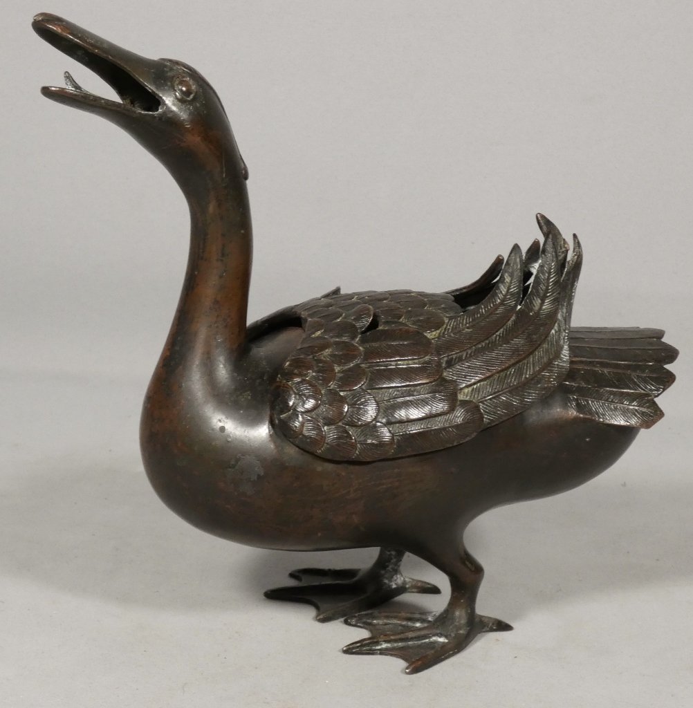 China 19th Century, Duck Perfume Burner In Patinated Bronze