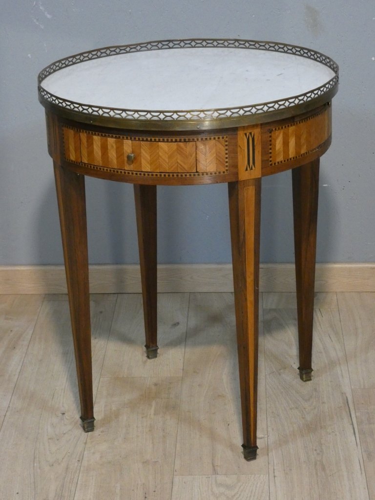 Table bouillotte de style Louis XVI en frisage de bois de rose et palissandre, époque XIX ème-photo-2