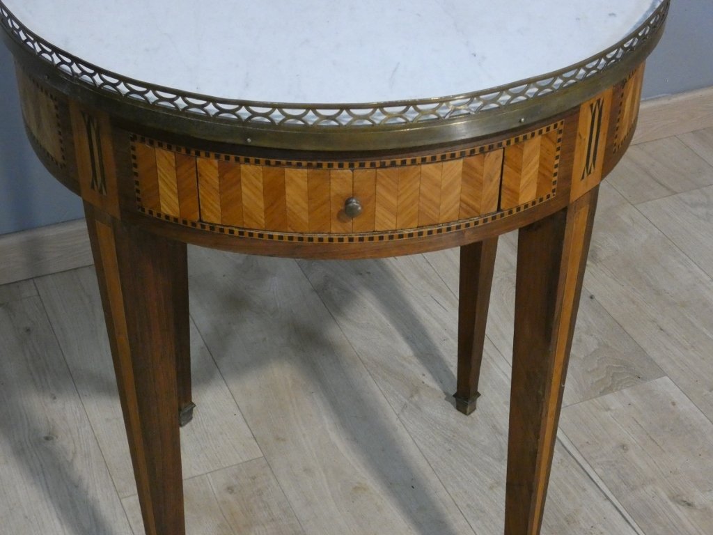 Table bouillotte de style Louis XVI en frisage de bois de rose et palissandre, époque XIX ème-photo-3