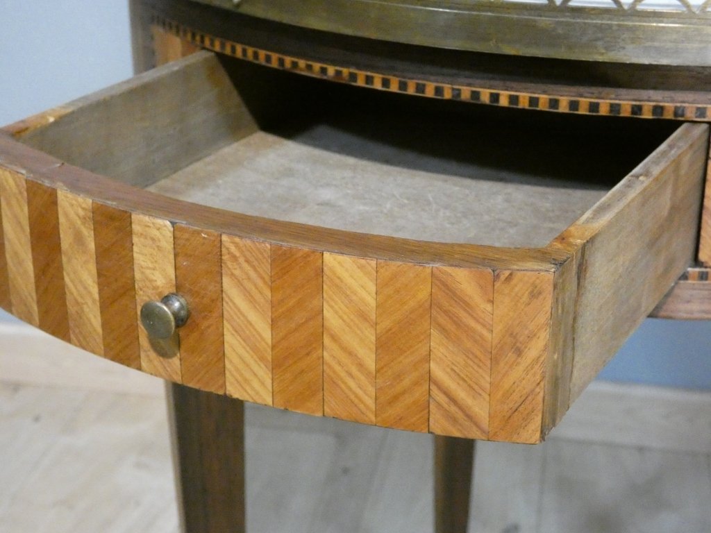 Table bouillotte de style Louis XVI en frisage de bois de rose et palissandre, époque XIX ème-photo-2