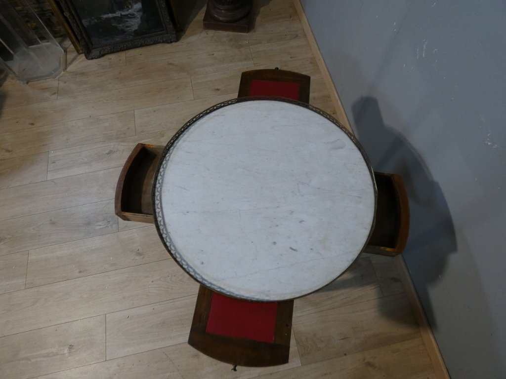 Table bouillotte de style Louis XVI en frisage de bois de rose et palissandre, époque XIX ème-photo-3