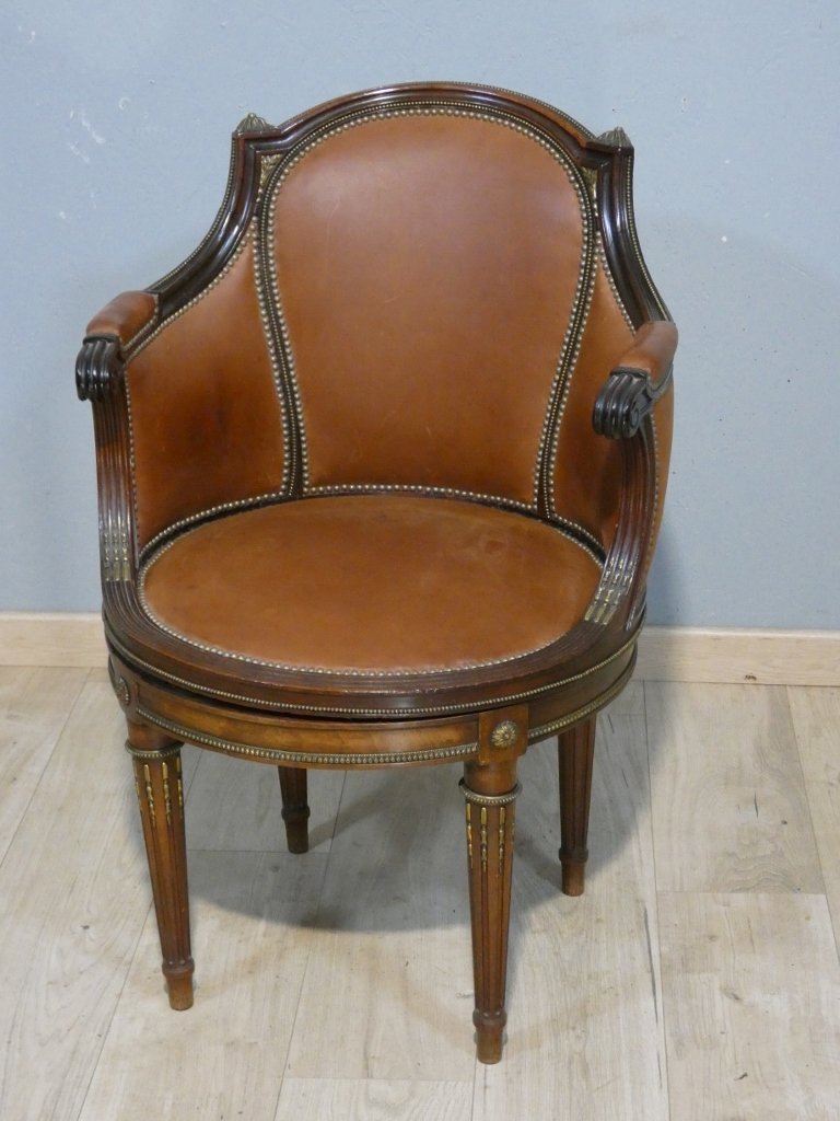 Louis XVI Style Desk Swivel Armchair In Mahogany, Bronze And Leather, Early 20th Century-photo-3