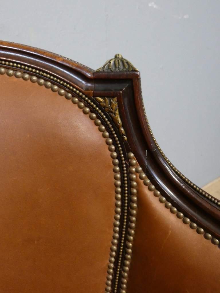 Louis XVI Style Desk Swivel Armchair In Mahogany, Bronze And Leather, Early 20th Century-photo-4