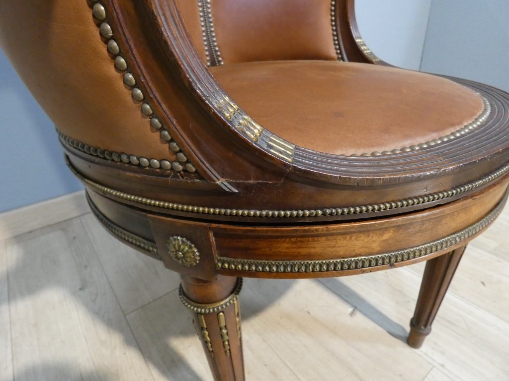 Louis XVI Style Desk Swivel Armchair In Mahogany, Bronze And Leather, Early 20th Century-photo-3
