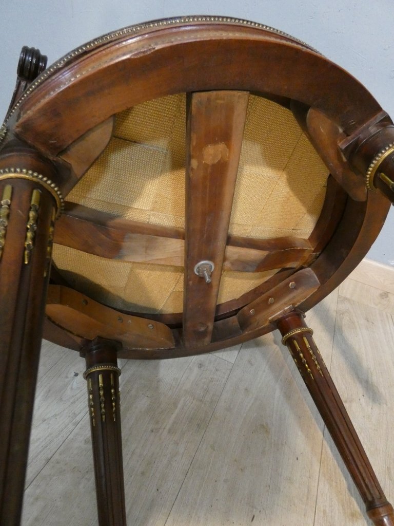 Louis XVI Style Desk Swivel Armchair In Mahogany, Bronze And Leather, Early 20th Century-photo-5
