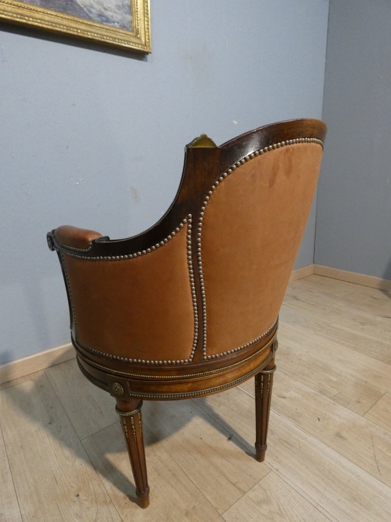 Louis XVI Style Desk Swivel Armchair In Mahogany, Bronze And Leather, Early 20th Century-photo-8