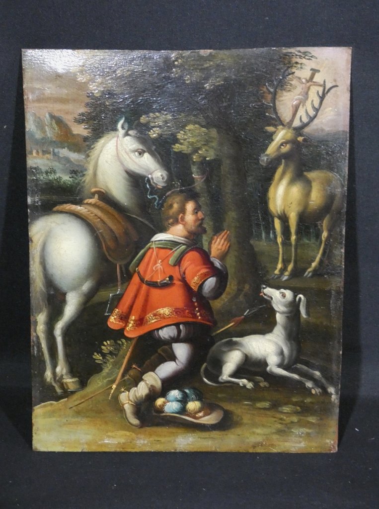 16th-century German School – Saint Hubert And The Vision Of The Stag – Oil On Copper-photo-2