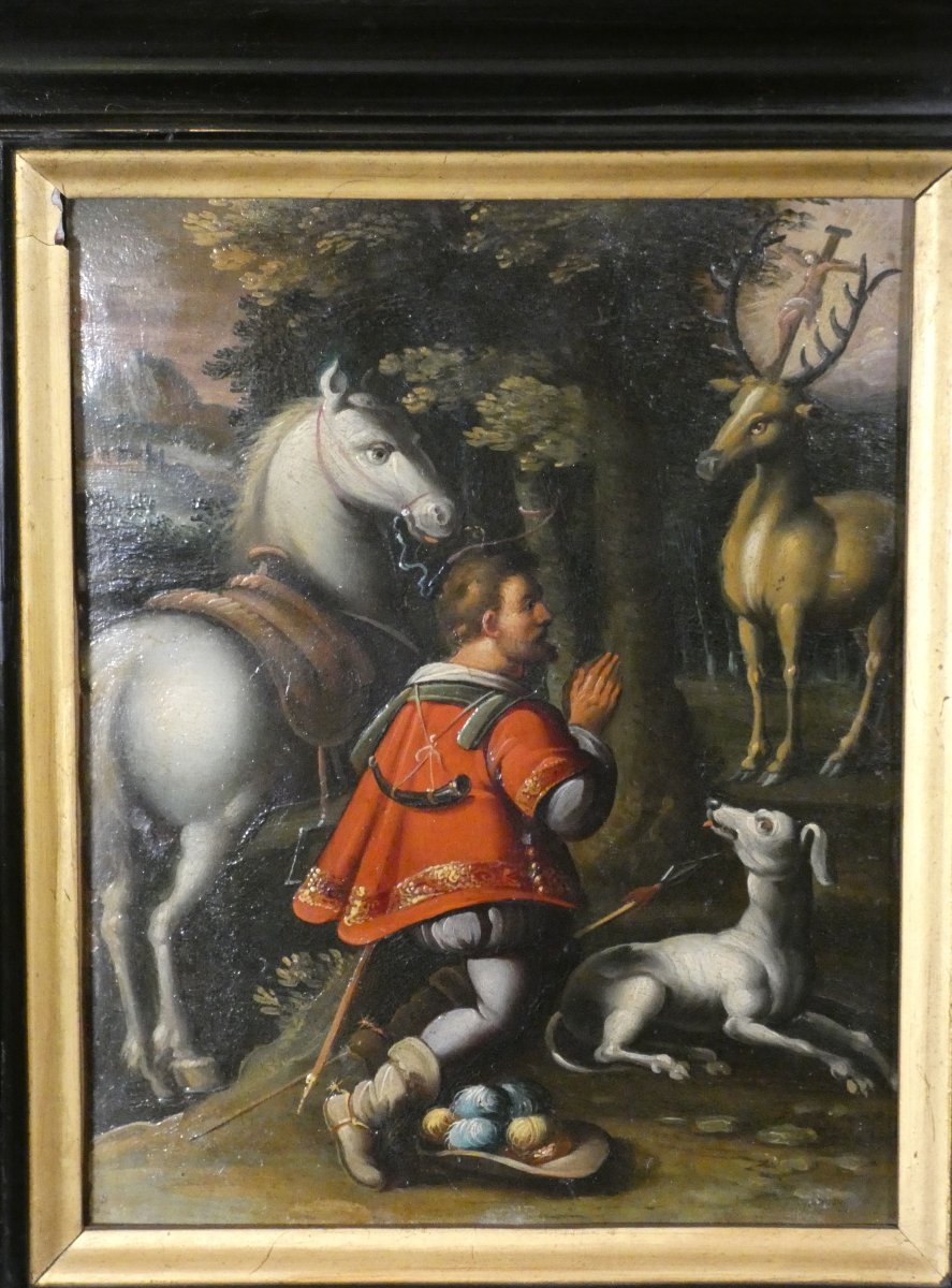 16th-century German School – Saint Hubert And The Vision Of The Stag – Oil On Copper-photo-3