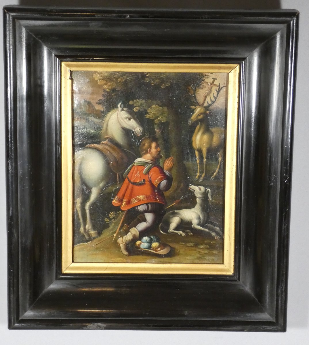 16th-century German School – Saint Hubert And The Vision Of The Stag – Oil On Copper
