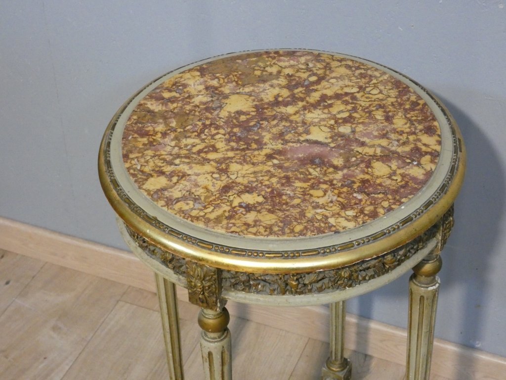 Louis XVI-style Pedestal Table In Carved And Painted Wood, With A Marble Top, Circa 1900-photo-2
