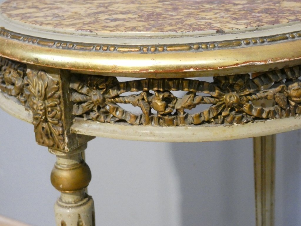 Louis XVI-style Pedestal Table In Carved And Painted Wood, With A Marble Top, Circa 1900-photo-3