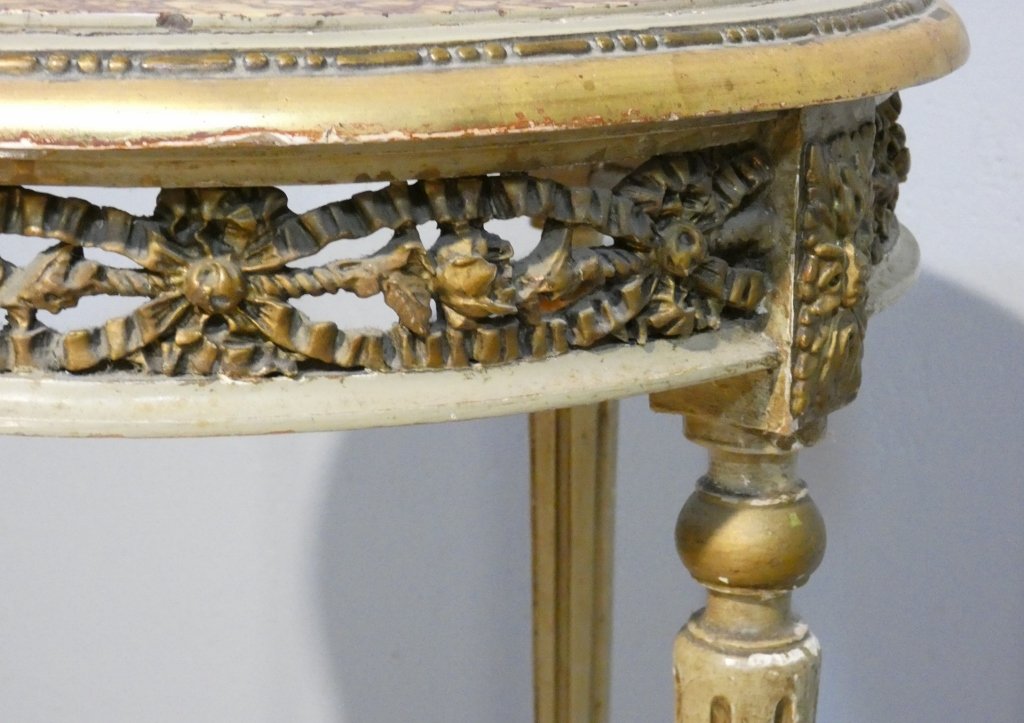 Louis XVI-style Pedestal Table In Carved And Painted Wood, With A Marble Top, Circa 1900-photo-4