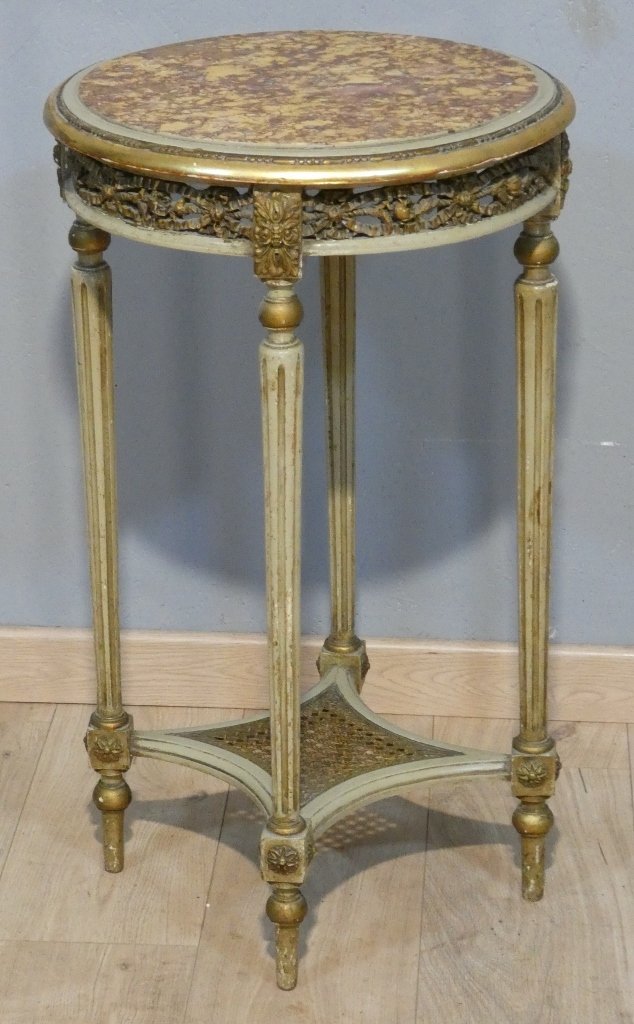 Louis XVI-style Pedestal Table In Carved And Painted Wood, With A Marble Top, Circa 1900