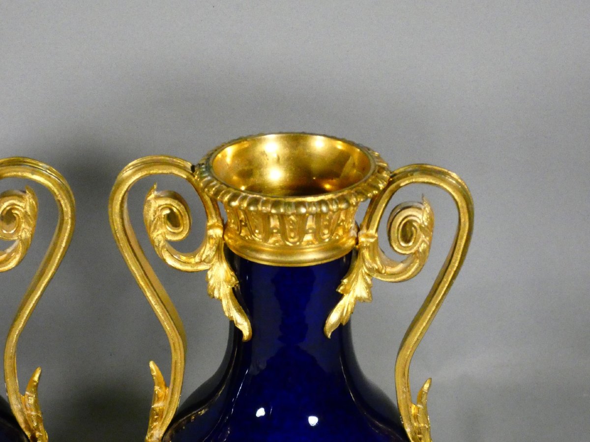 Pair Of Cobalt-blue And Gilded Bronze Porcelain Cassole Vases – Charles X Period, 1830-photo-3