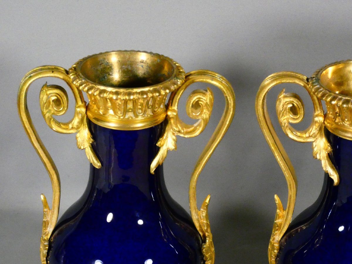 Pair Of Cobalt-blue And Gilded Bronze Porcelain Cassole Vases – Charles X Period, 1830-photo-4