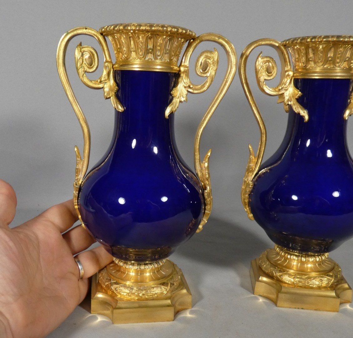 Pair Of Cobalt-blue And Gilded Bronze Porcelain Cassole Vases – Charles X Period, 1830-photo-4