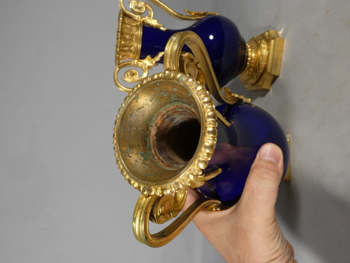 Pair Of Cobalt-blue And Gilded Bronze Porcelain Cassole Vases – Charles X Period, 1830-photo-5