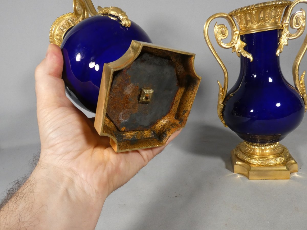 Pair Of Cobalt-blue And Gilded Bronze Porcelain Cassole Vases – Charles X Period, 1830-photo-6