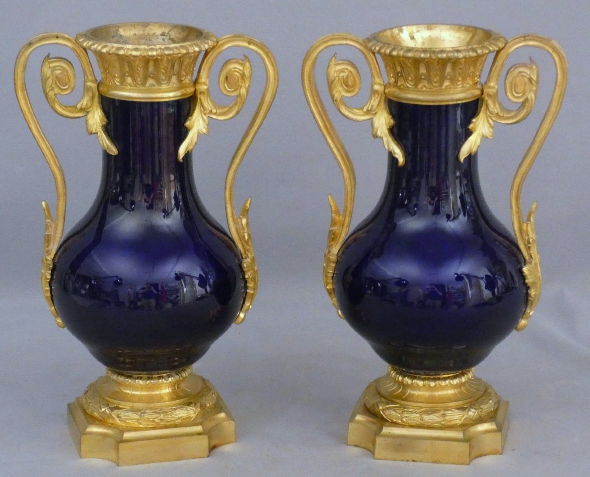 Pair Of Cobalt-blue And Gilded Bronze Porcelain Cassole Vases – Charles X Period, 1830