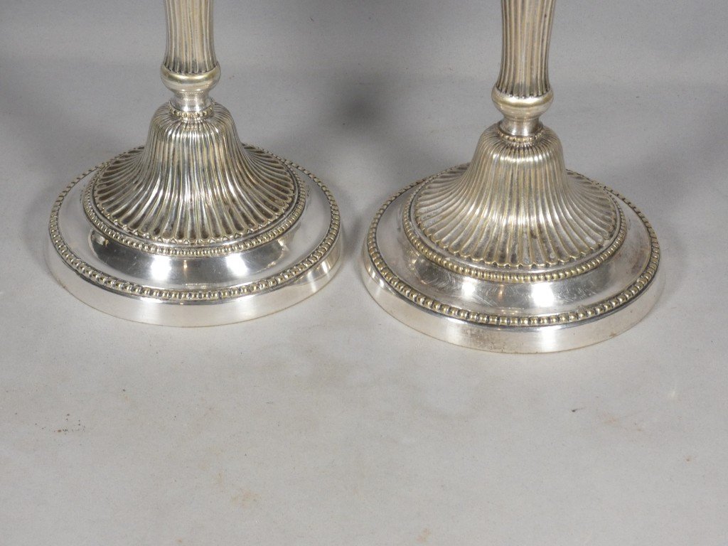 Pair Of Louis XVI Candlesticks In Silver-plated Bronze, 18th Century-photo-2