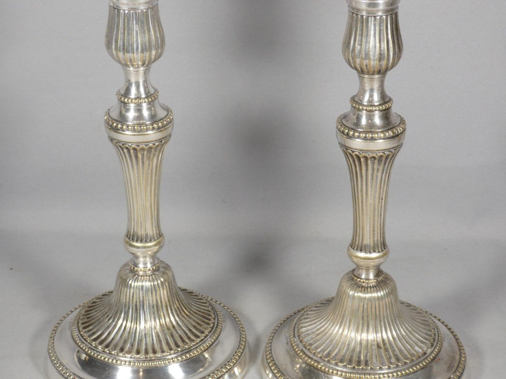 Pair Of Louis XVI Candlesticks In Silver-plated Bronze, 18th Century-photo-3