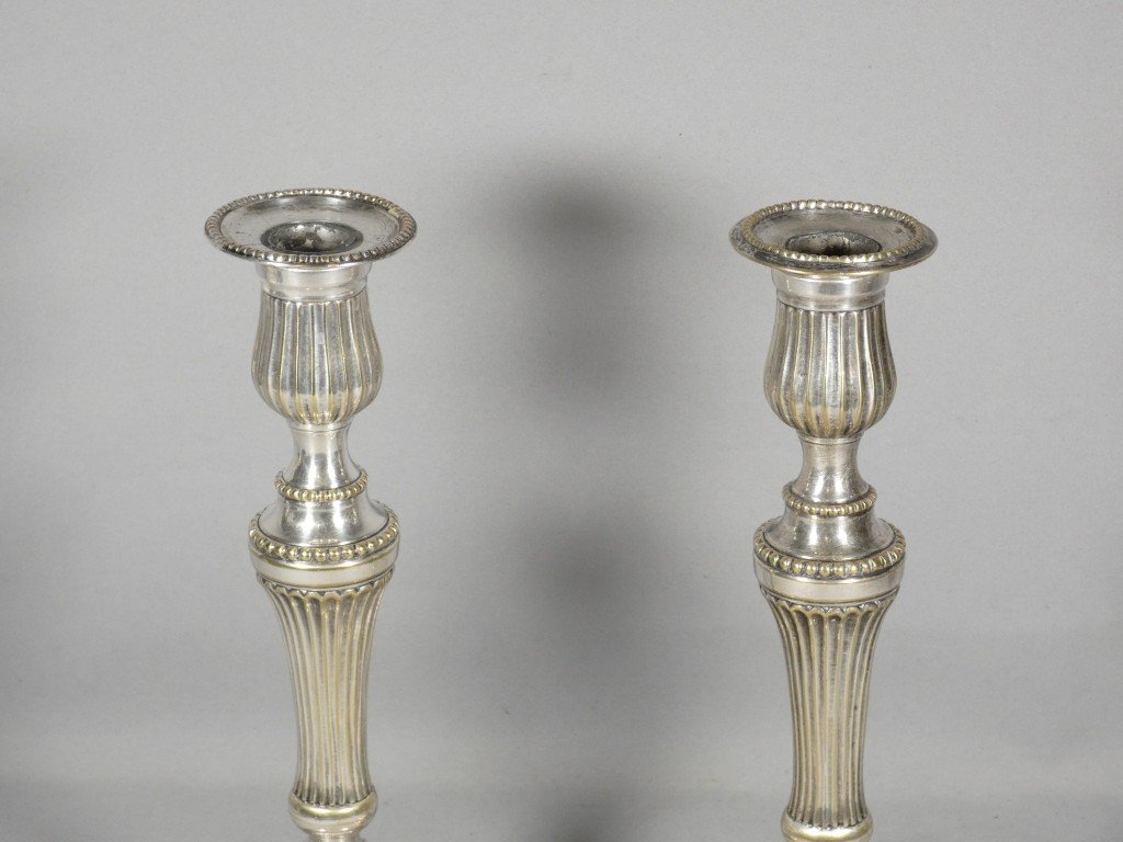 Pair Of Louis XVI Candlesticks In Silver-plated Bronze, 18th Century-photo-4