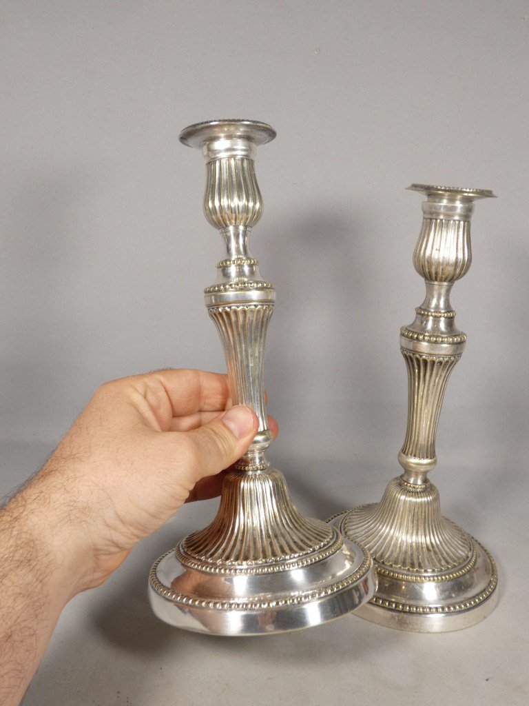 Pair Of Louis XVI Candlesticks In Silver-plated Bronze, 18th Century-photo-1