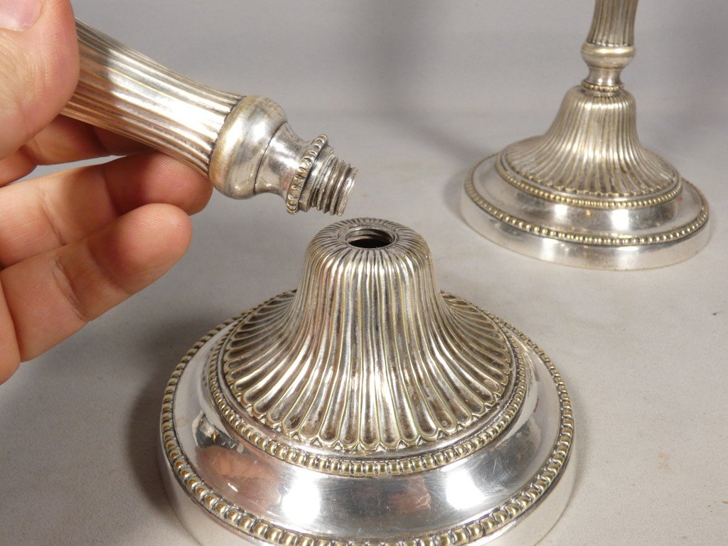 Pair Of Louis XVI Candlesticks In Silver-plated Bronze, 18th Century-photo-3