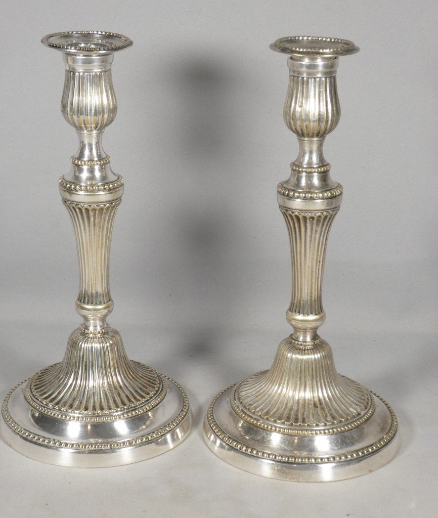 Pair Of Louis XVI Candlesticks In Silver-plated Bronze, 18th Century
