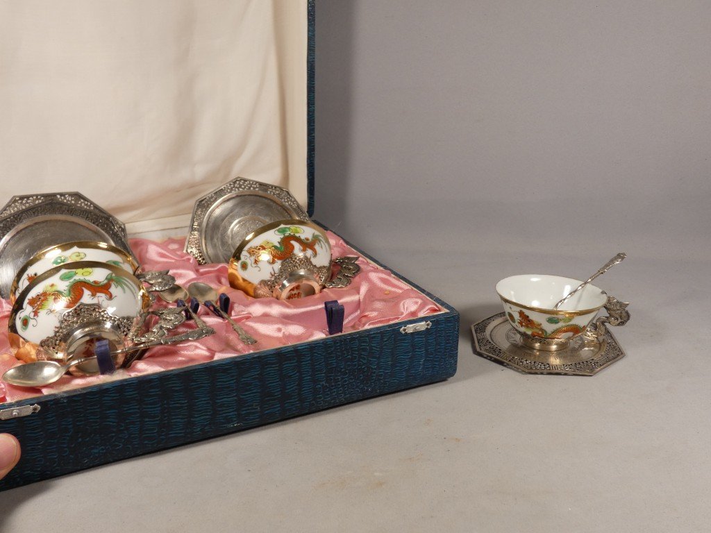 Porcelain And Solid Silver Dragon Tea Set, Indochina, Early 20th Century-photo-3