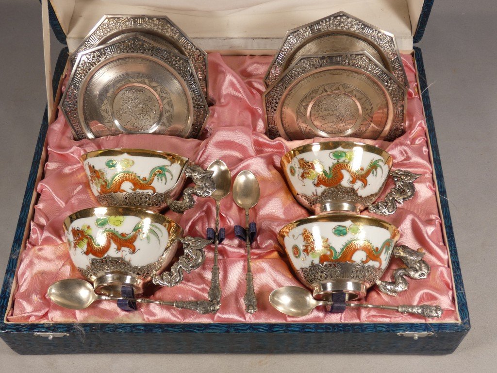 Porcelain And Solid Silver Dragon Tea Set, Indochina, Early 20th Century-photo-4