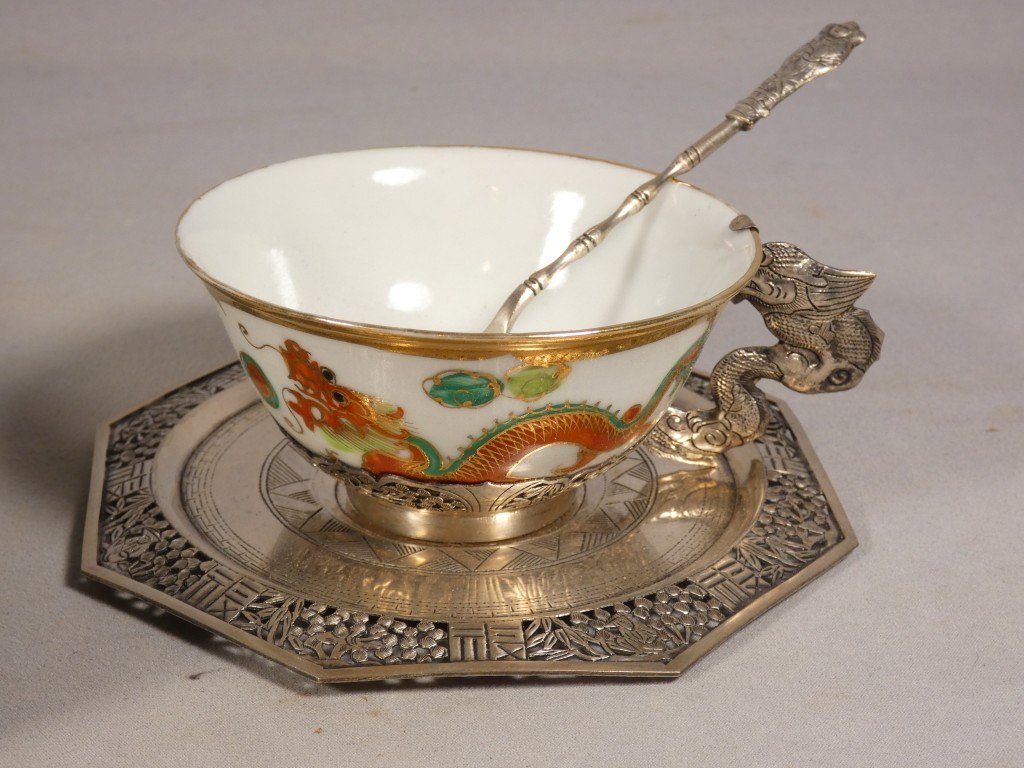 Porcelain And Solid Silver Dragon Tea Set, Indochina, Early 20th Century-photo-2